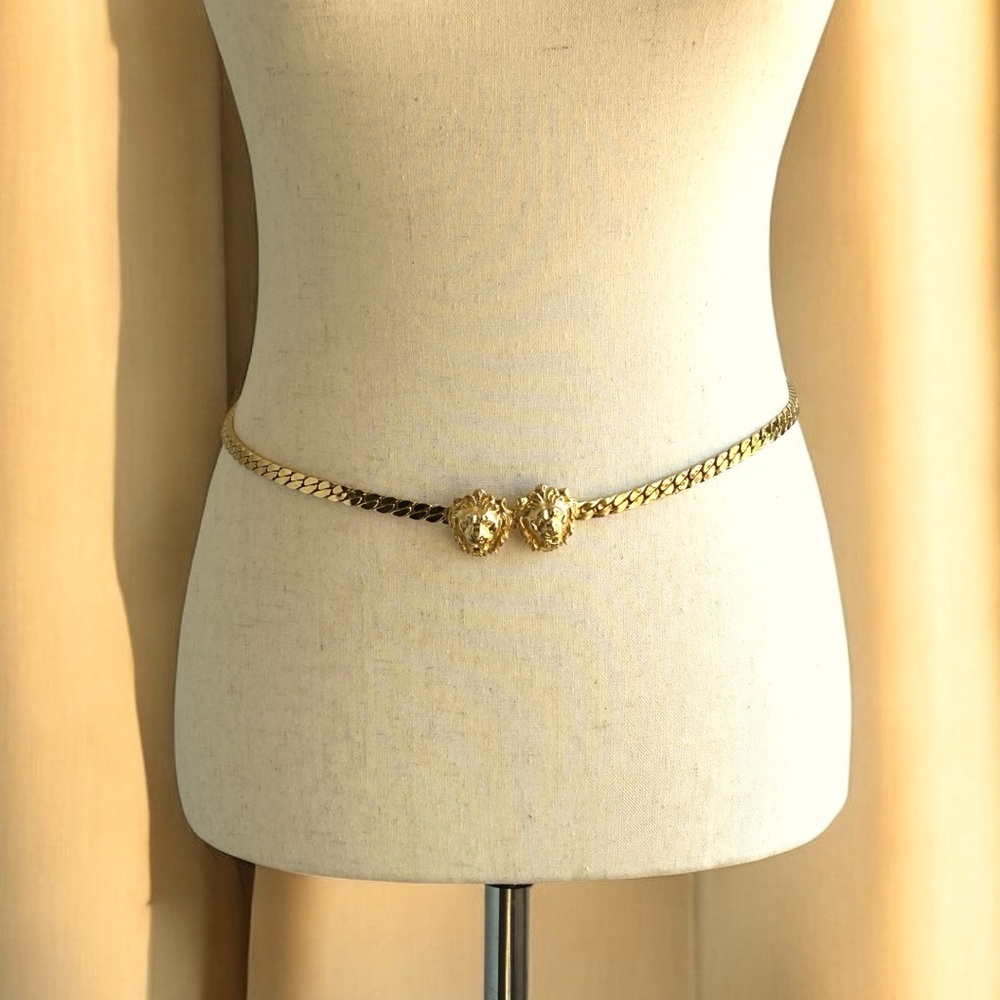Vintage Accessocraft NYC Double Lion Head Belt ~Gold Tone~ 1970s–80s ~28” EUC